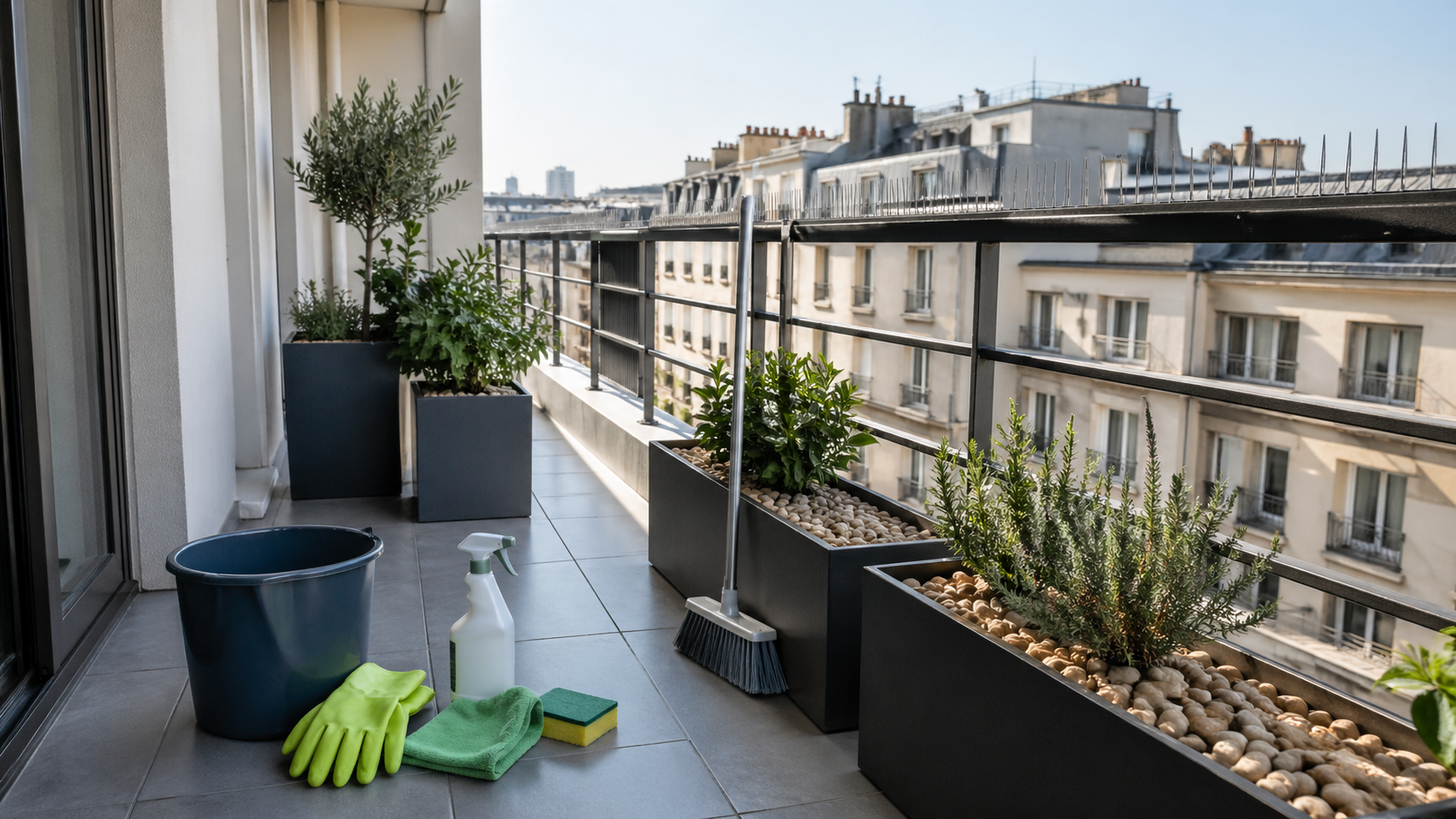 Balcon propre après un nettoyage de fientes de pigeon Balcon propre après nettoyage de fientes de pigeon avec produits d’entretien, plantes protégées et dispositifs anti-pigeons sur la rambarde.