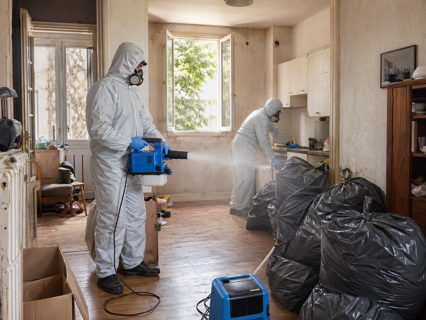Désodorisation professionnelle après syndrome de Diogène Techniciens en combinaison réalisant une désodorisation professionnelle dans un logement insalubre après un syndrome de Diogène