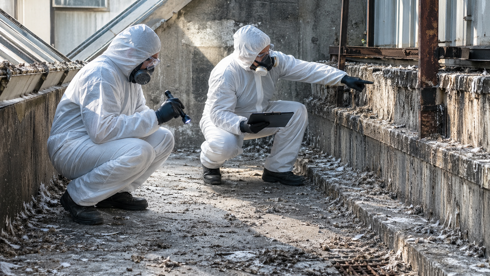 Inspection professionnelle d’un site très souillé par des fientes de pigeon pour évaluer s’il est récupérable