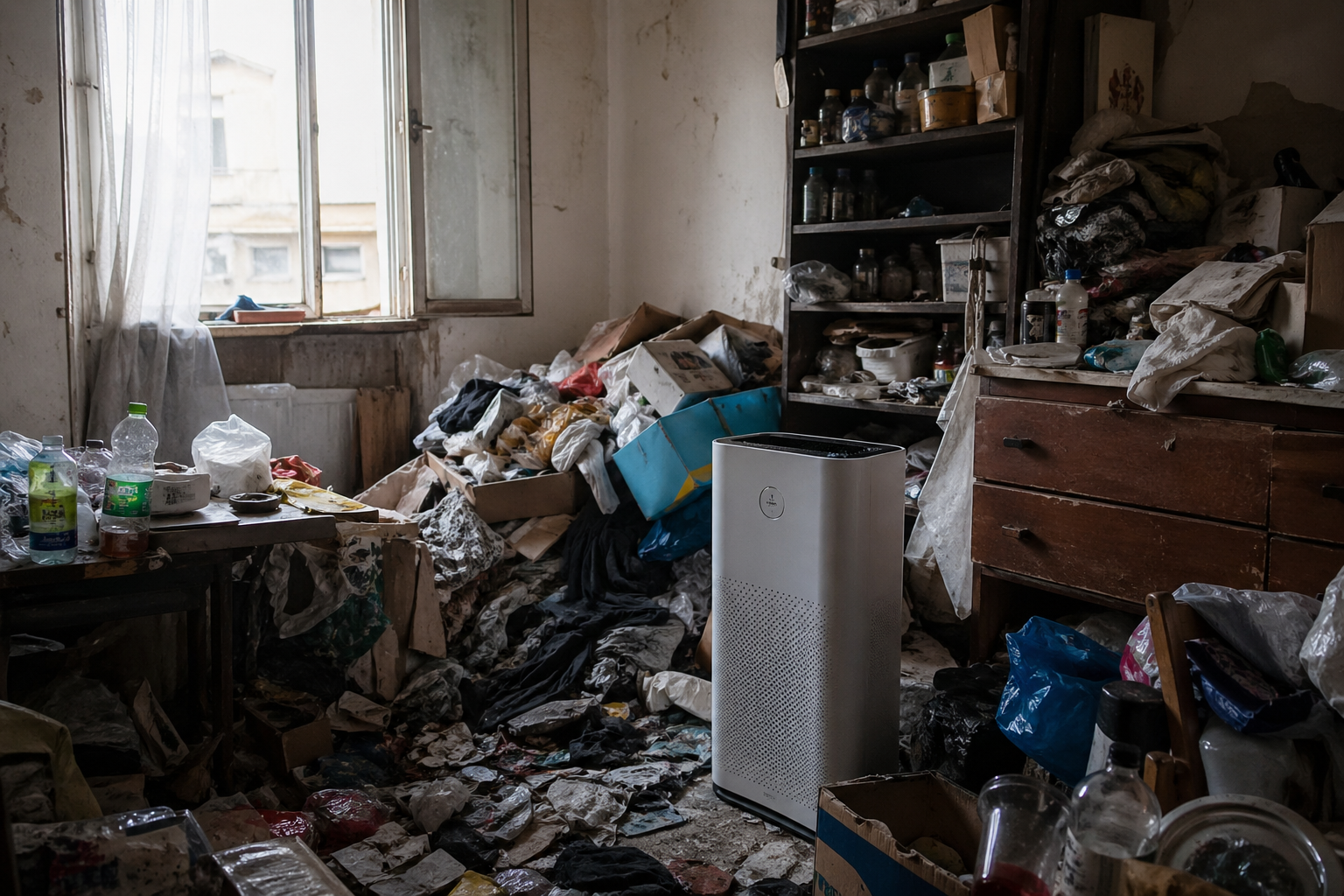 Assainissement de l’air dans un logement fermé très encombré et dégradé avec purificateur d’air