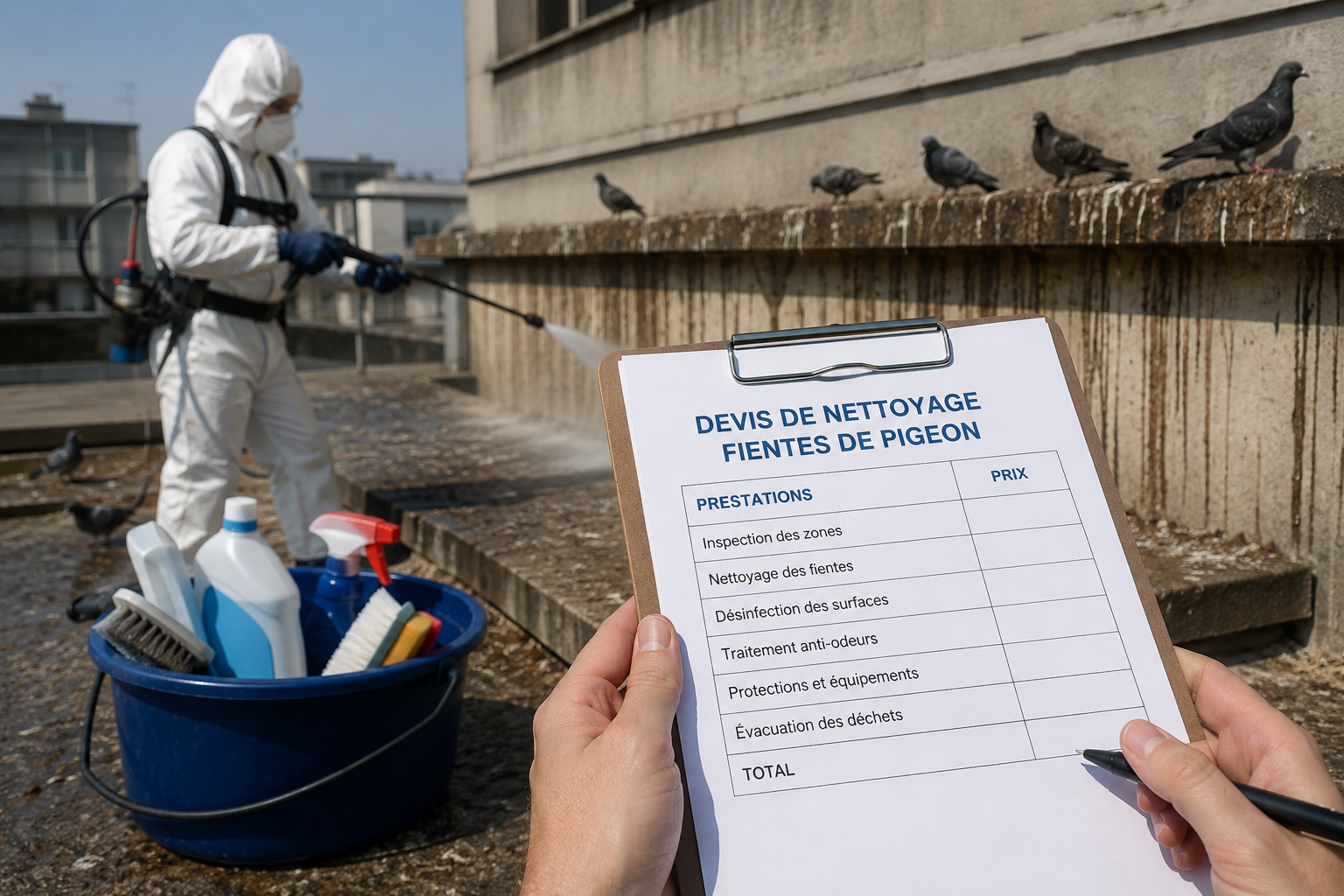 Comparer plusieurs devis de nettoyage de fientes de pigeon Comparaison de devis pour le nettoyage de fientes de pigeon avec un professionnel en équipement de protection