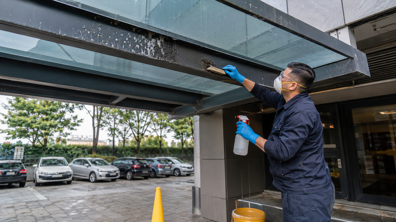 Nettoyage d’un auvent et d’un parking salis par des fientes de pigeon Professionnel nettoyant un auvent d’entrée sali par des fientes de pigeon avec une brosse et un pulvérisateur, devant un parking extérieur
