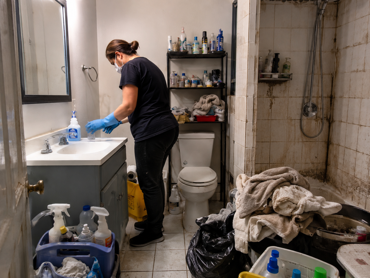 Remise en état d’une salle de bain après syndrome de Diogène Nettoyage professionnel d’une salle de bain très encombrée et insalubre touchée par le syndrome de Diogène