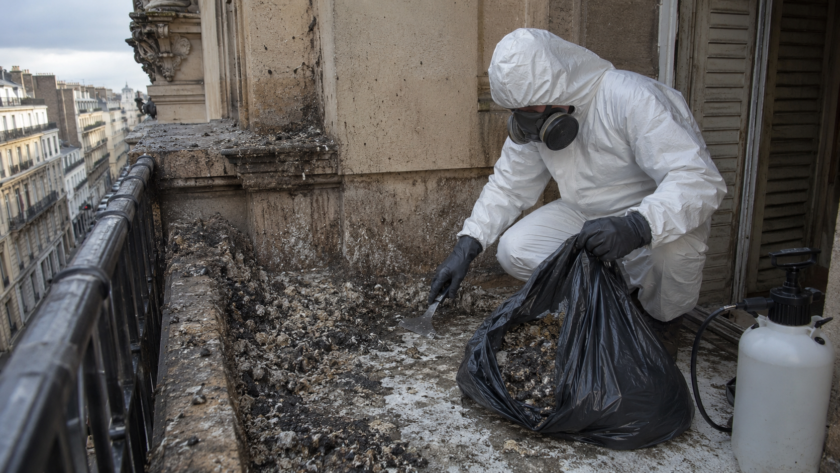 Traitement professionnel des fientes de pigeon anciennes Professionnel équipé d’une combinaison et d’un masque respiratoire nettoyant des fientes de pigeon anciennes sur un balcon urbain contaminé