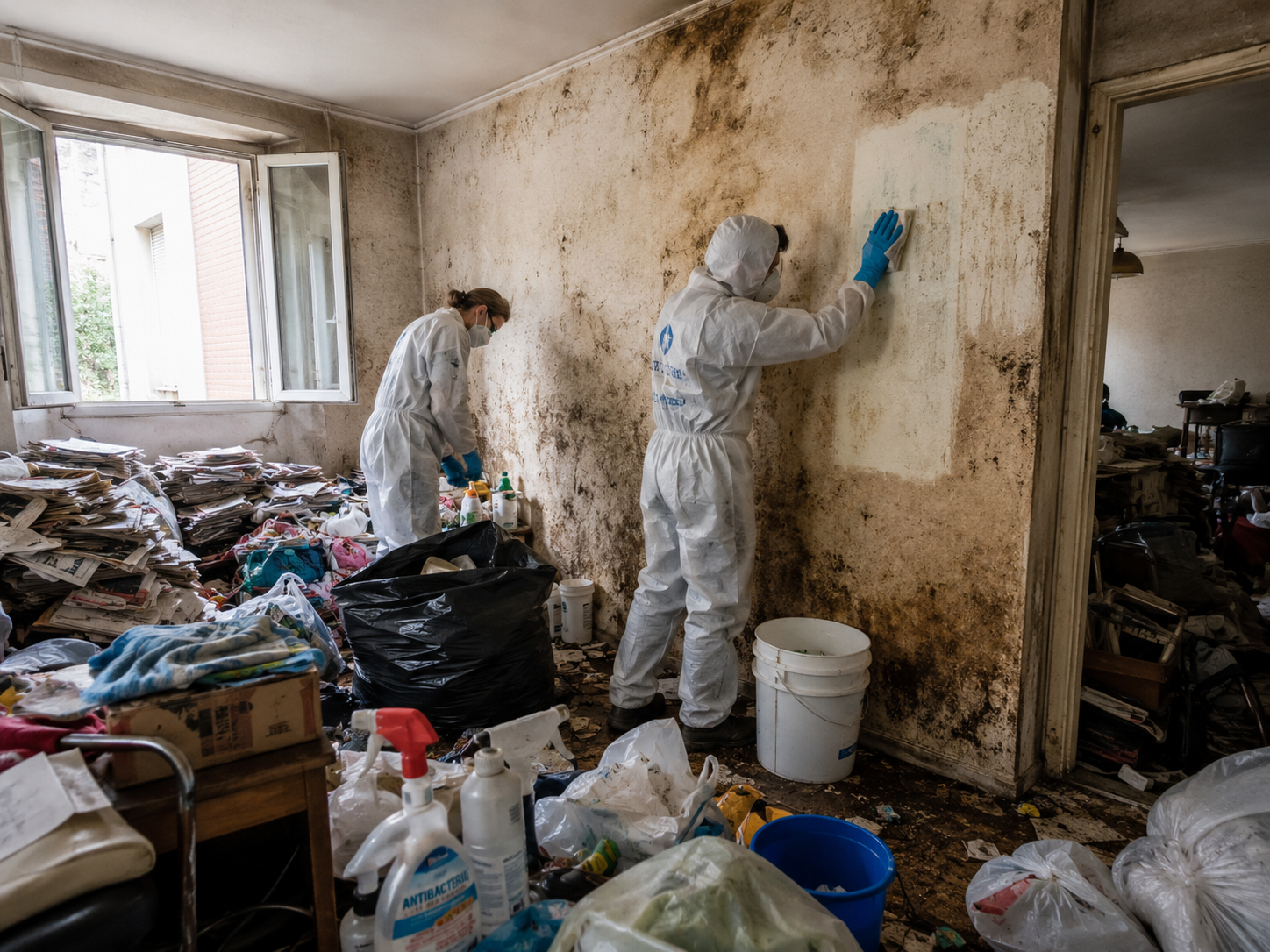 Traitement des murs tachés dans un logement avec syndrome de Diogène Nettoyage professionnel de murs tachés dans un logement insalubre touché par le syndrome de Diogène