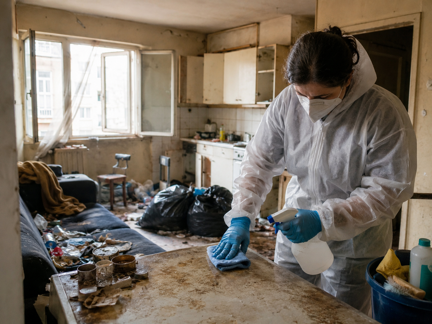 Désinfection d’un logement dégradé par le syndrome de Korsakoff Professionnel en combinaison de protection désinfectant un logement dégradé lié au syndrome de Korsakoff