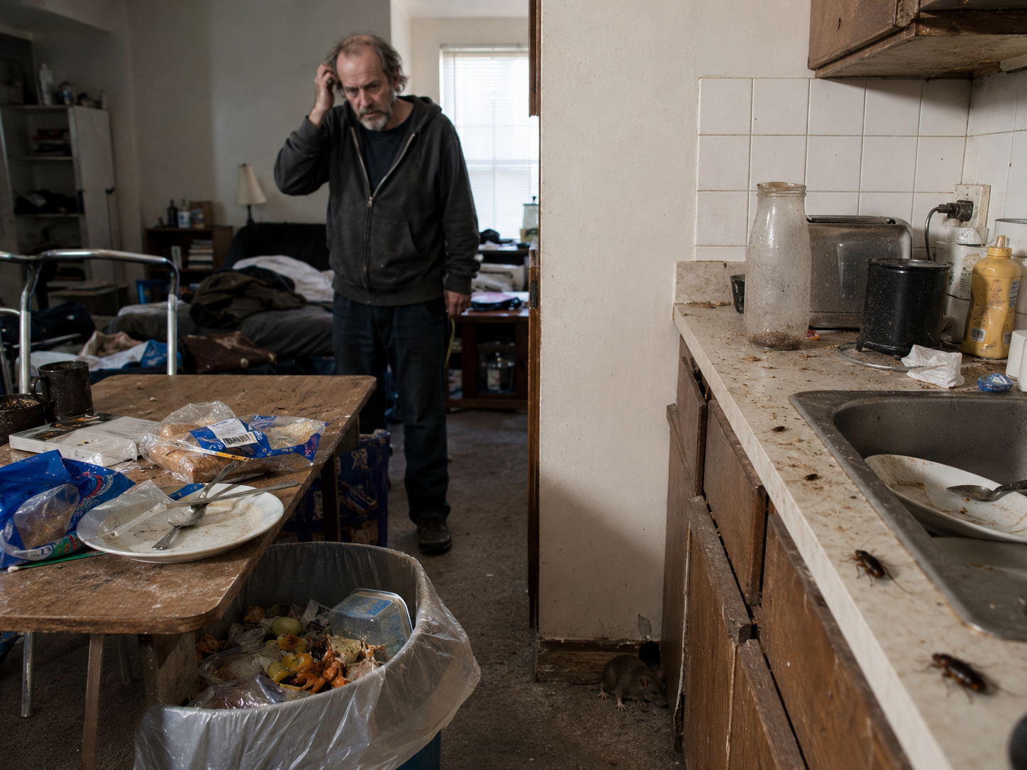 Nuisibles dans un logement lié au syndrome de Korsakoff Logement encombré lié au syndrome de Korsakoff avec déchets alimentaires, cafards et souris dans une cuisine insalubre