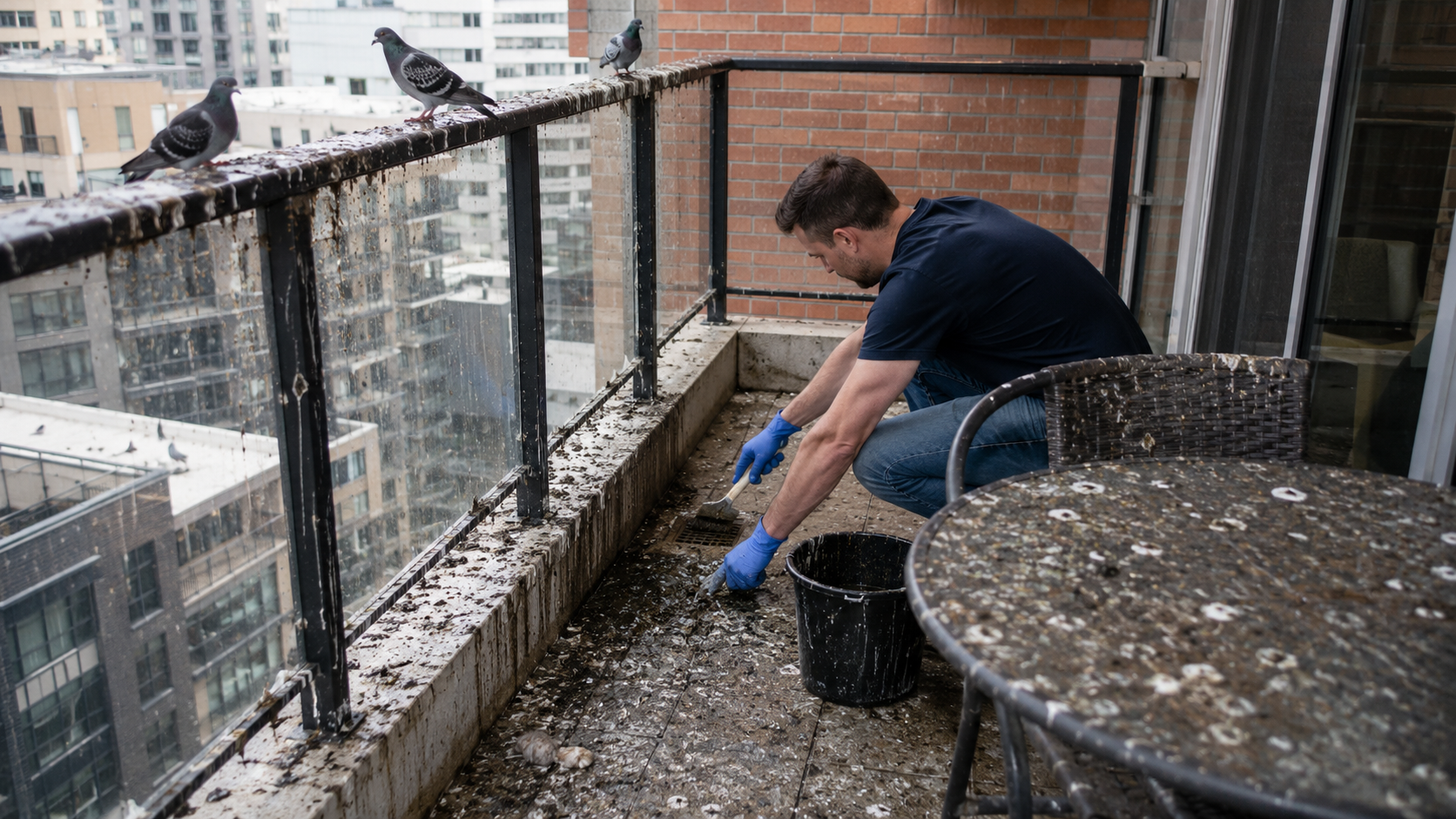 Homme nettoyant un balcon urbain couvert de fientes de pigeon avec des pigeons posés sur la rambarde