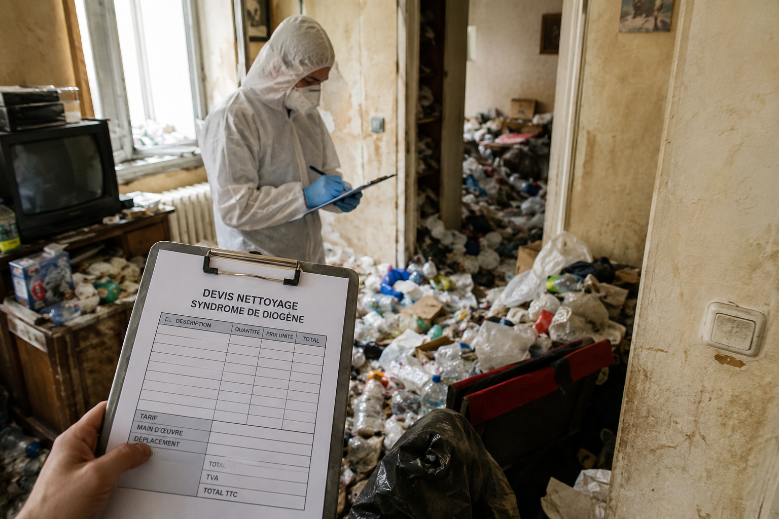 Technicien en combinaison de protection réalisant un devis pour le nettoyage d’un logement encombré par le syndrome de Diogène