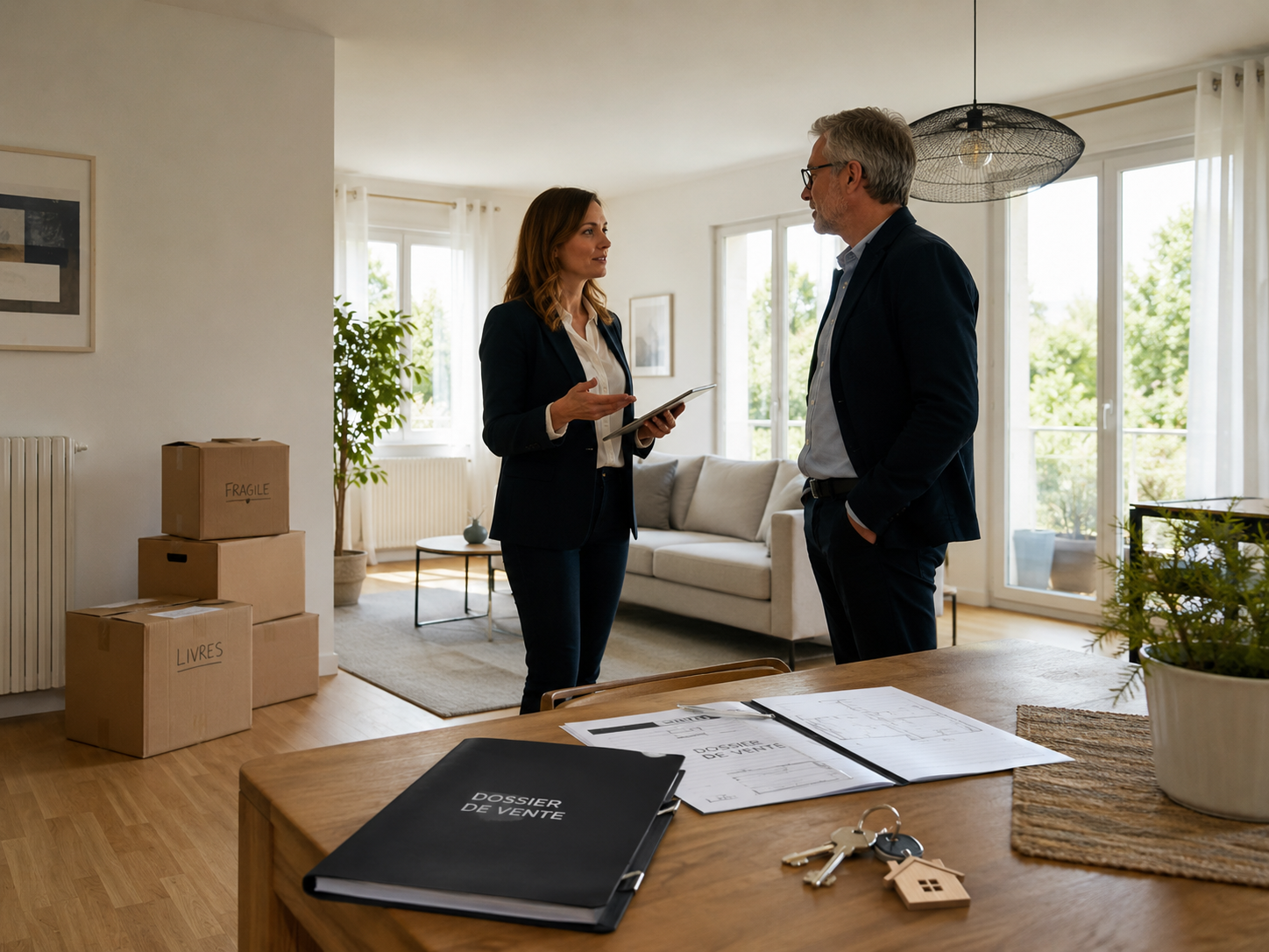 Agent immobilier présentant un dossier de vente dans un logement nettoyé et préparé après un décès