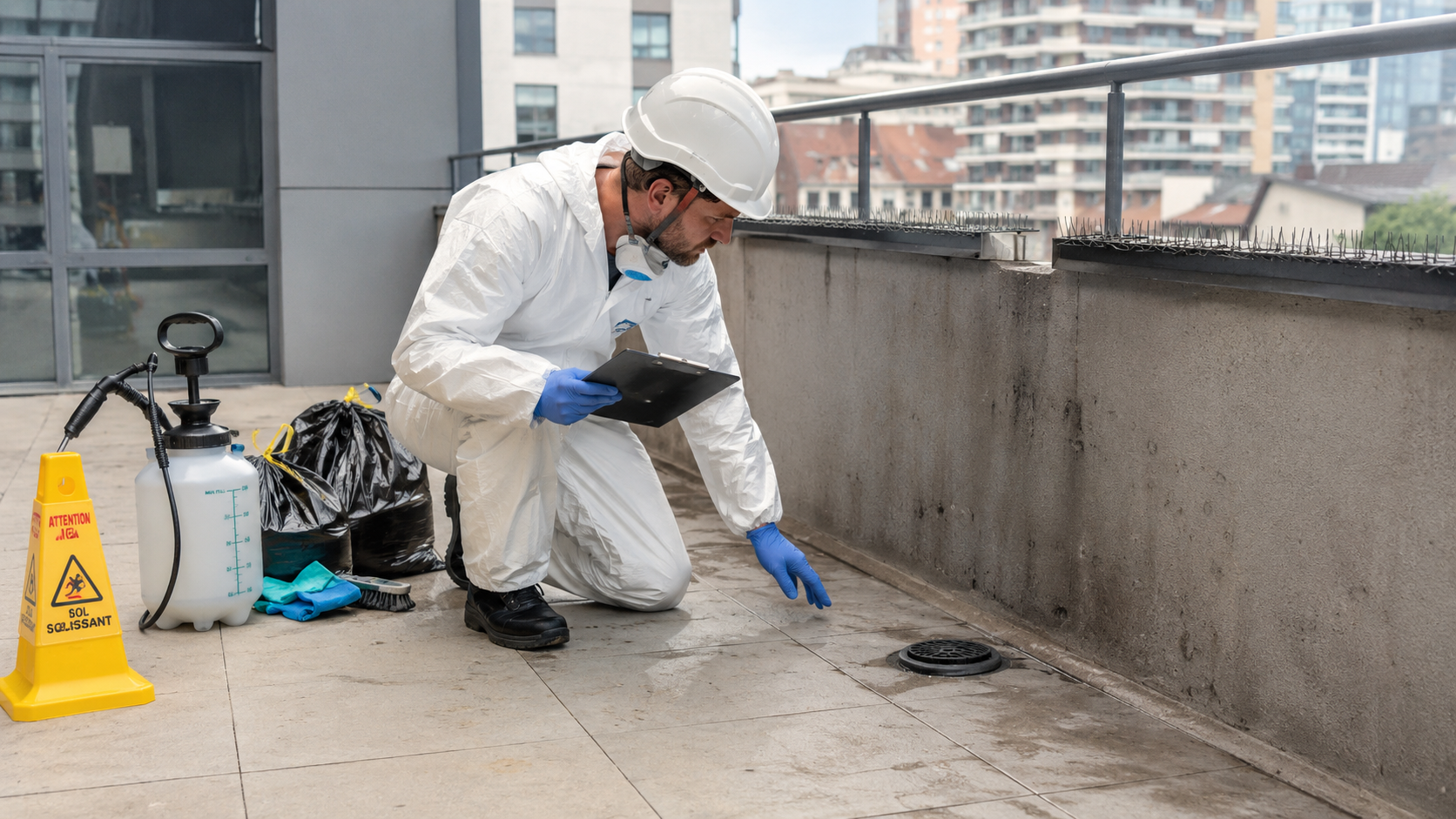 État des lieux sanitaire après nettoyage de fientes de pigeon Technicien en tenue de protection réalisant un état des lieux sanitaire après un nettoyage de fientes de pigeon sur une terrasse urbaine
