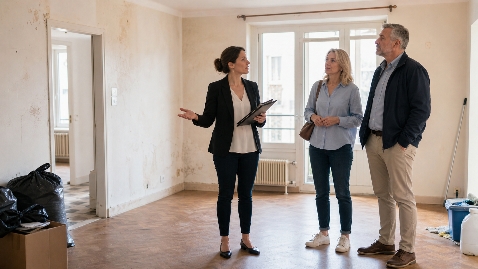 Agent immobilier présentant à des acheteurs un appartement vidé et nettoyé après un syndrome de Diogène avant sa mise en vente