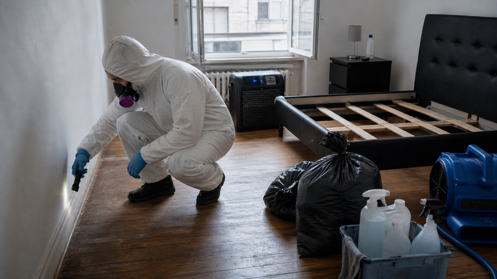 Technicien en combinaison de protection inspectant une chambre après un nettoyage après décès pour identifier l’origine d’odeurs persistantes