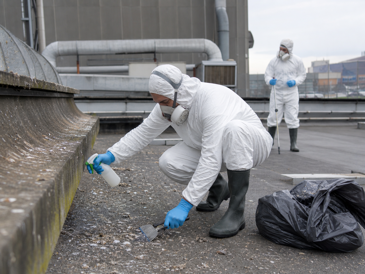 Salariés équipés de protections nettoyant des fientes de pigeon sur un toit industriel