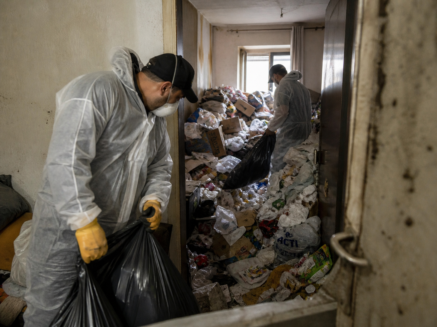 Professionnels équipés évacuant rapidement des déchets dans un logement insalubre touché par le syndrome de Diogène