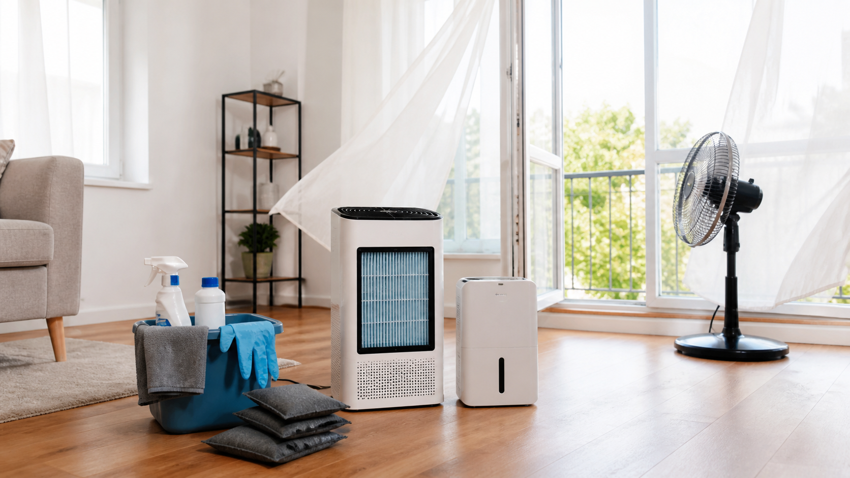 Assainissement de l’air après un nettoyage après décès avec purificateur, déshumidificateur, ventilation et produits de désinfection dans un logement propre