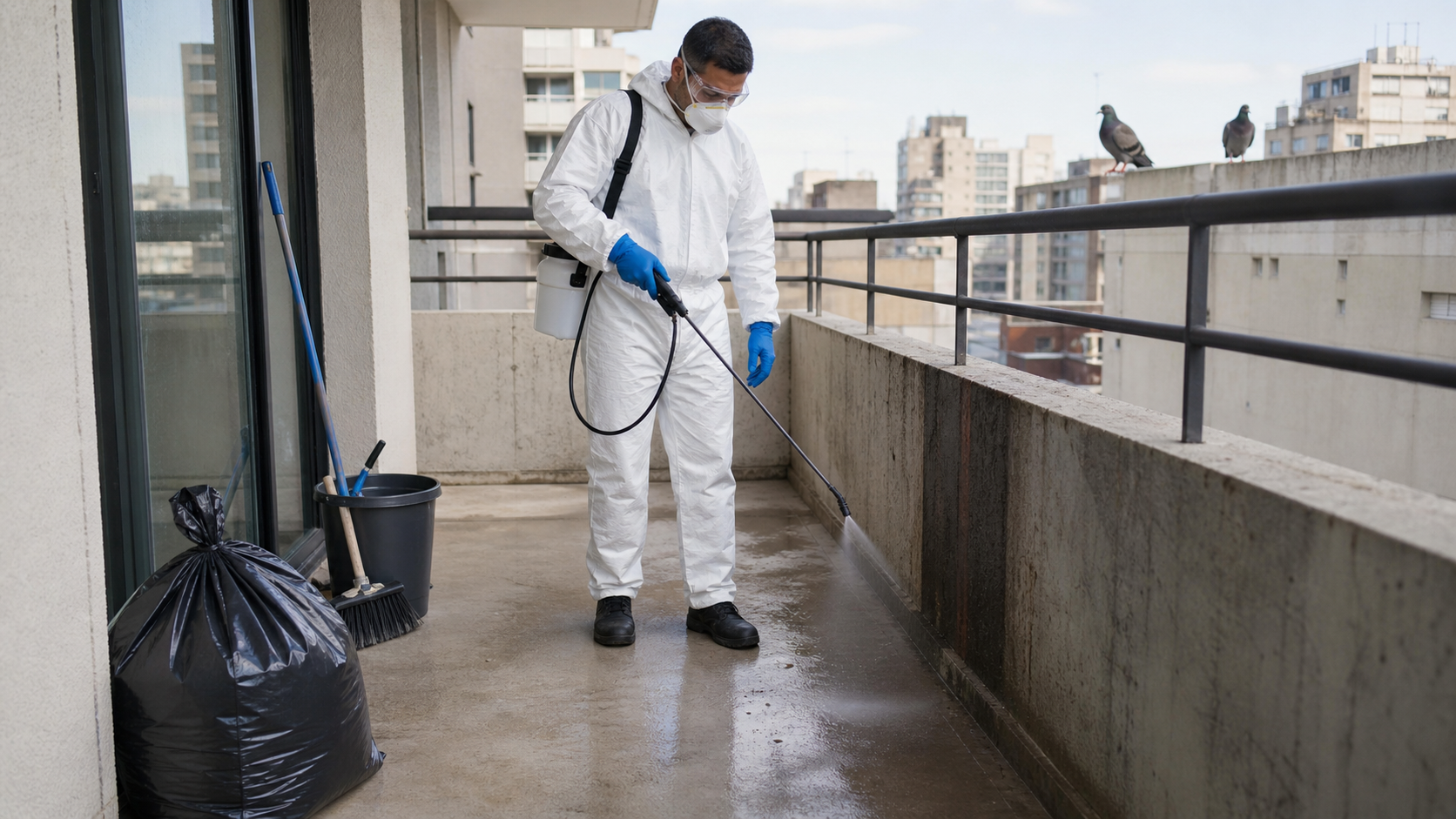 Technicien en combinaison de protection désinfectant un balcon après le nettoyage de fientes de pigeon