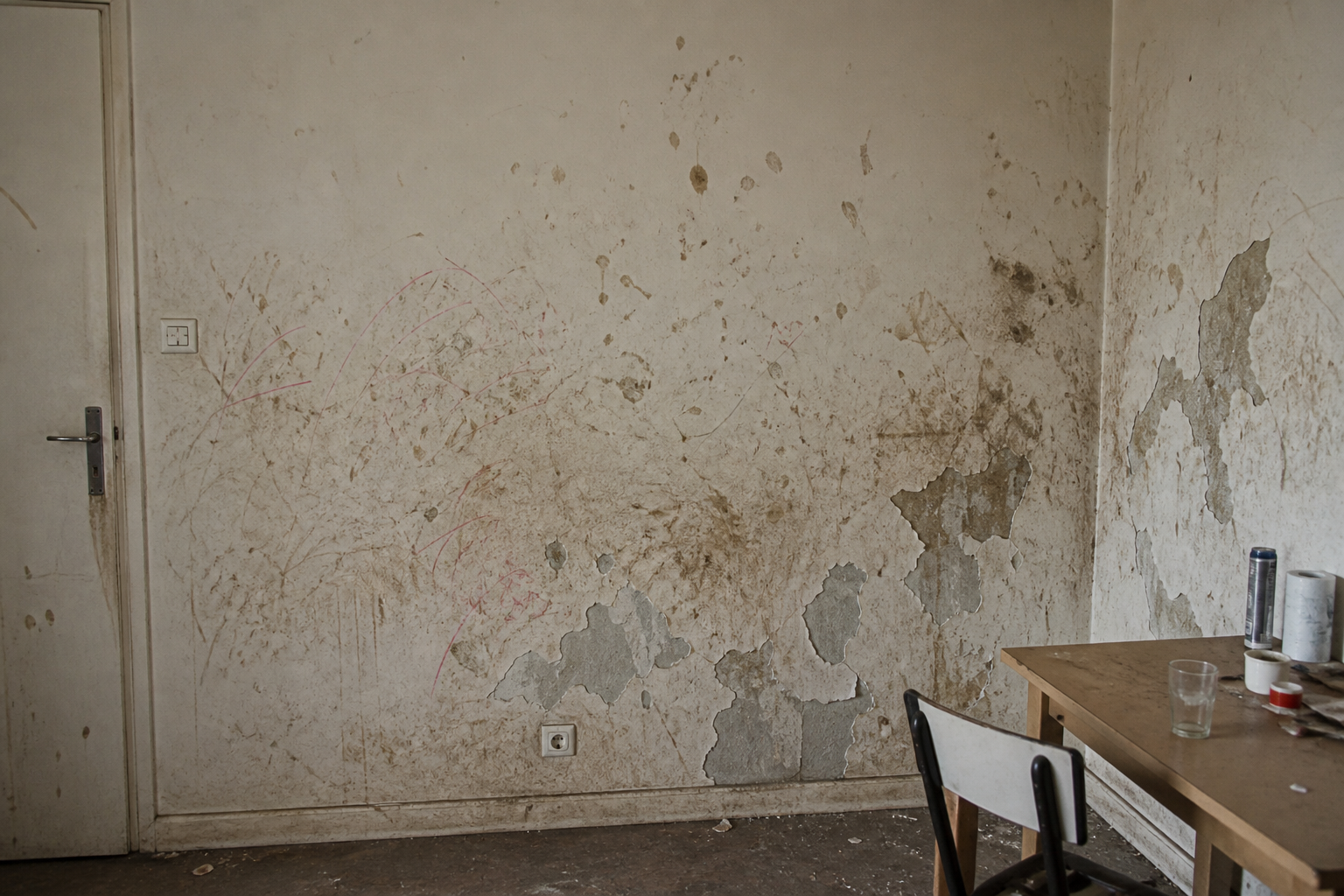 Mur très taché et abîmé dans un logement nécessitant un nettoyage spécialisé lié au syndrome de Korsakoff