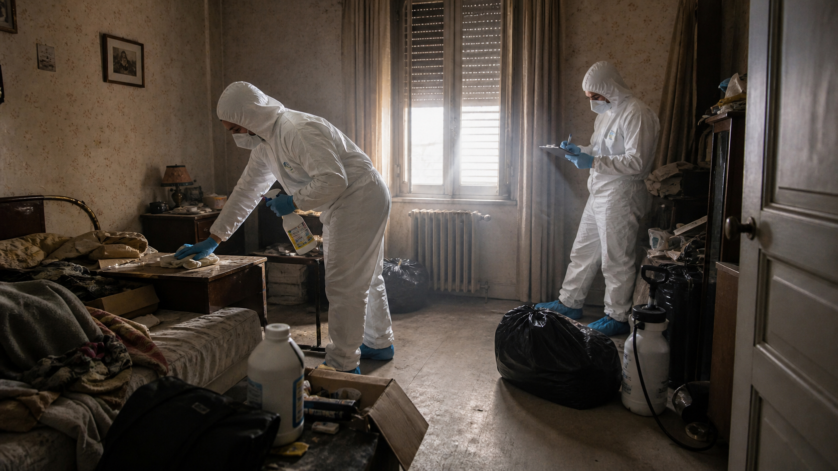 Intervention de nettoyage après décès dans une maison fermée depuis plusieurs semaines Techniciens en combinaison de protection intervenant pour nettoyer et désinfecter une maison restée fermée plusieurs semaines après un décès