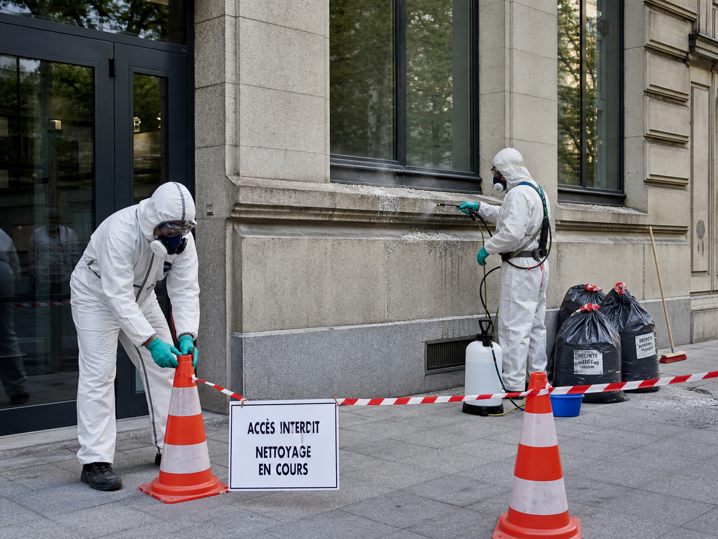 Sécurisation d’un chantier avant nettoyage de fientes de pigeon Techniciens en combinaison de protection sécurisant un chantier avant le nettoyage de fientes de pigeon sur une façade urbaine