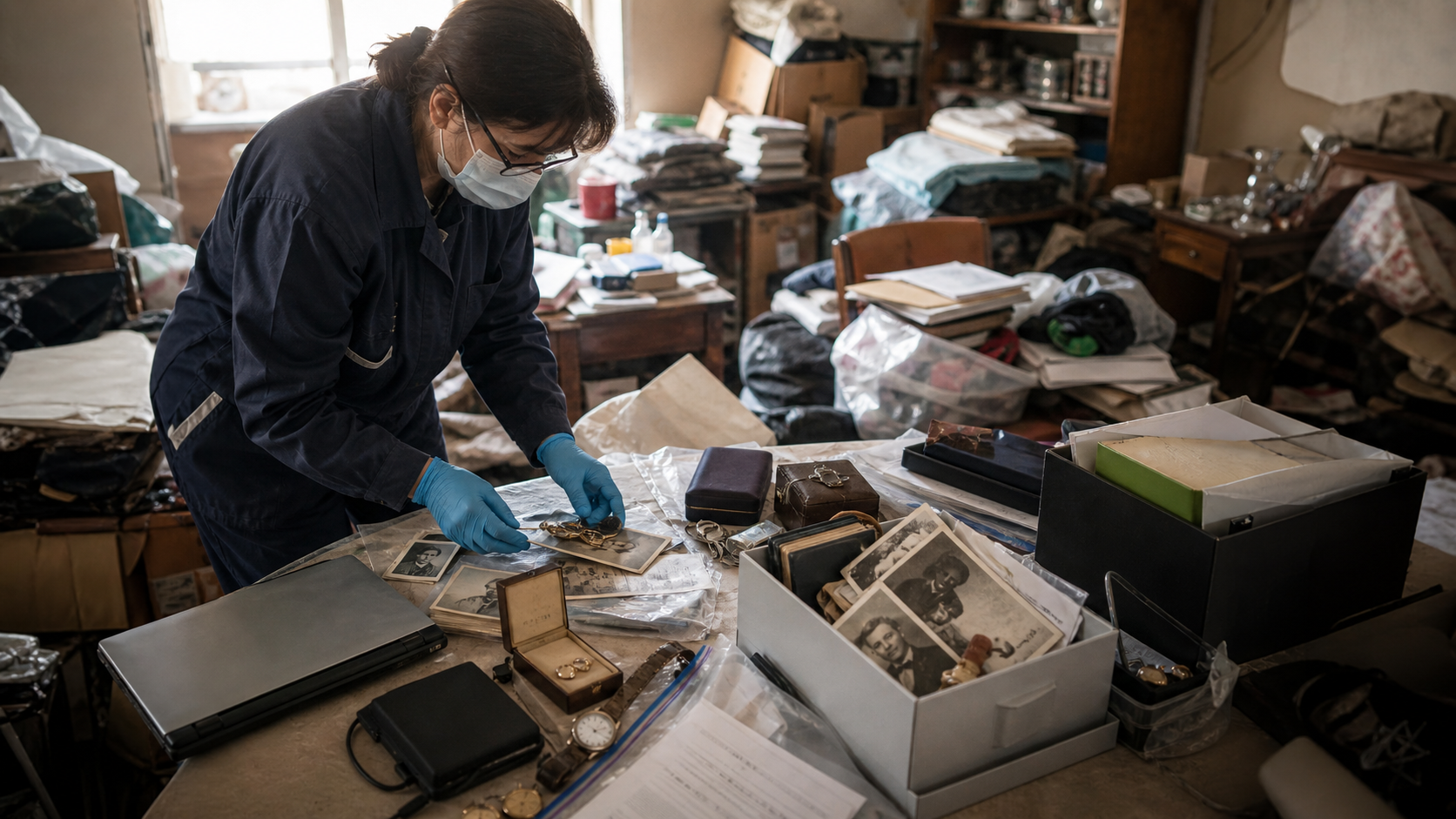 Inspection des odeurs incrustées après un nettoyage après décès Technicien en combinaison de protection inspectant les plinthes d’une pièce après un nettoyage après décès pour identifier des odeurs incrustées persistantes.