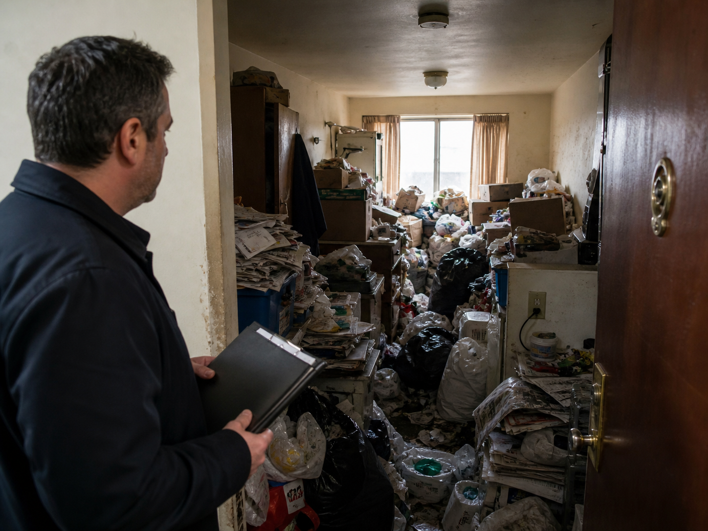 Propriétaire bailleur face à un logement touché par le syndrome de Diogène Propriétaire bailleur constatant un logement très encombré par un syndrome de Diogène