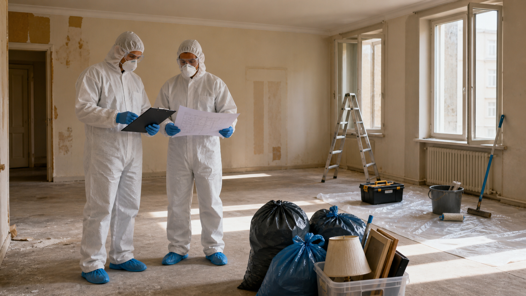 Nettoyage après décès avant travaux de rénovation Professionnels en tenue de protection planifiant un nettoyage après décès avant des travaux de rénovation dans un logement