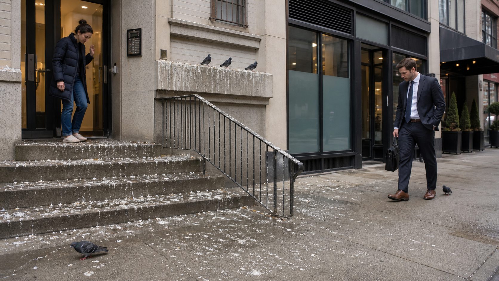 Danger des fientes de pigeon pour les habitants et les salariés Fientes de pigeon sur les marches et le trottoir devant un immeuble, représentant un danger sanitaire et un risque de glissade pour les habitants et les salariés.