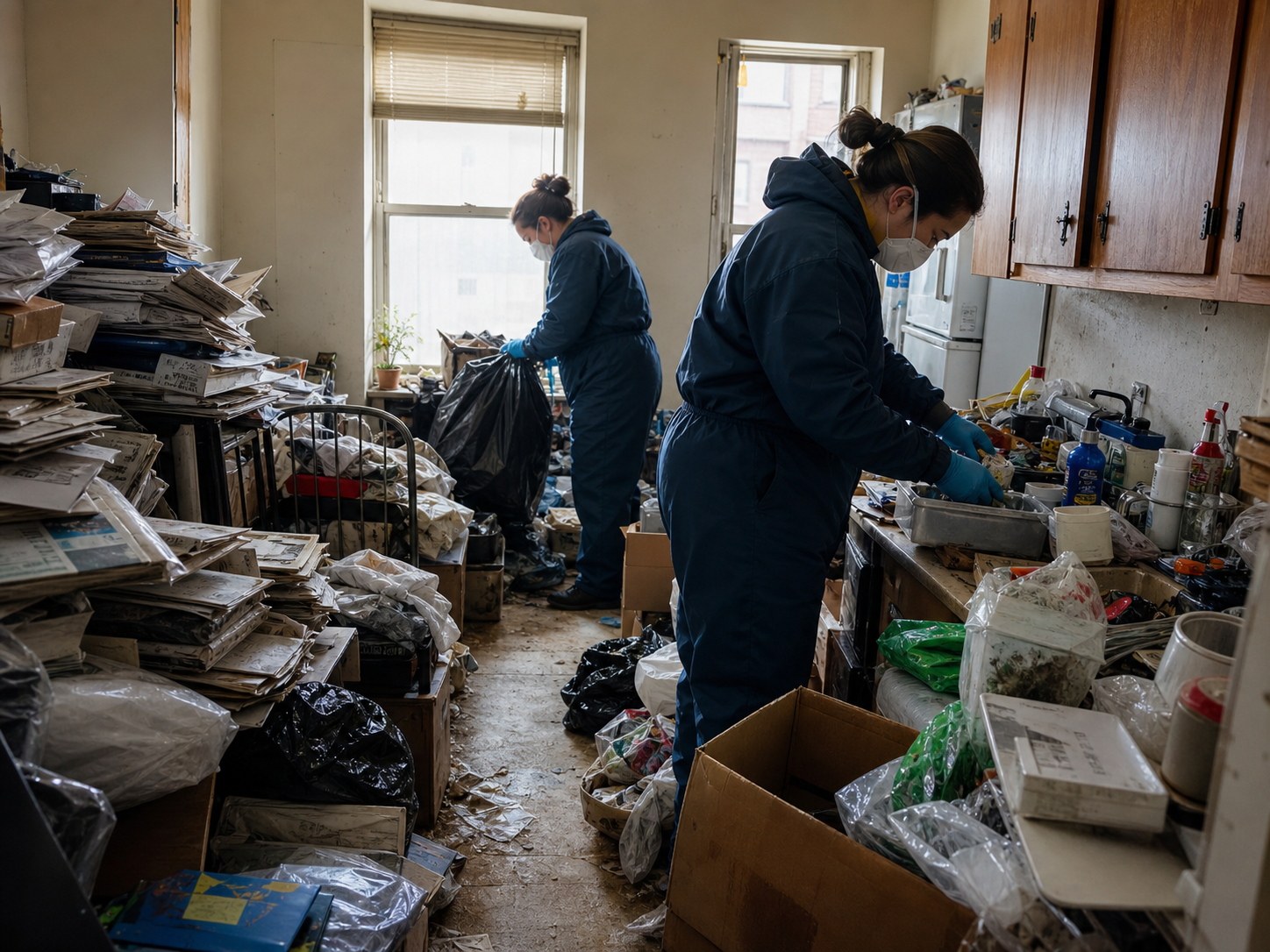 Nettoyage d’un logement avec syndrome de Diogène pour limiter les risques sanitaires Professionnels équipés nettoyant un logement encombré touché par le syndrome de Diogène afin de réduire les risques sanitaires