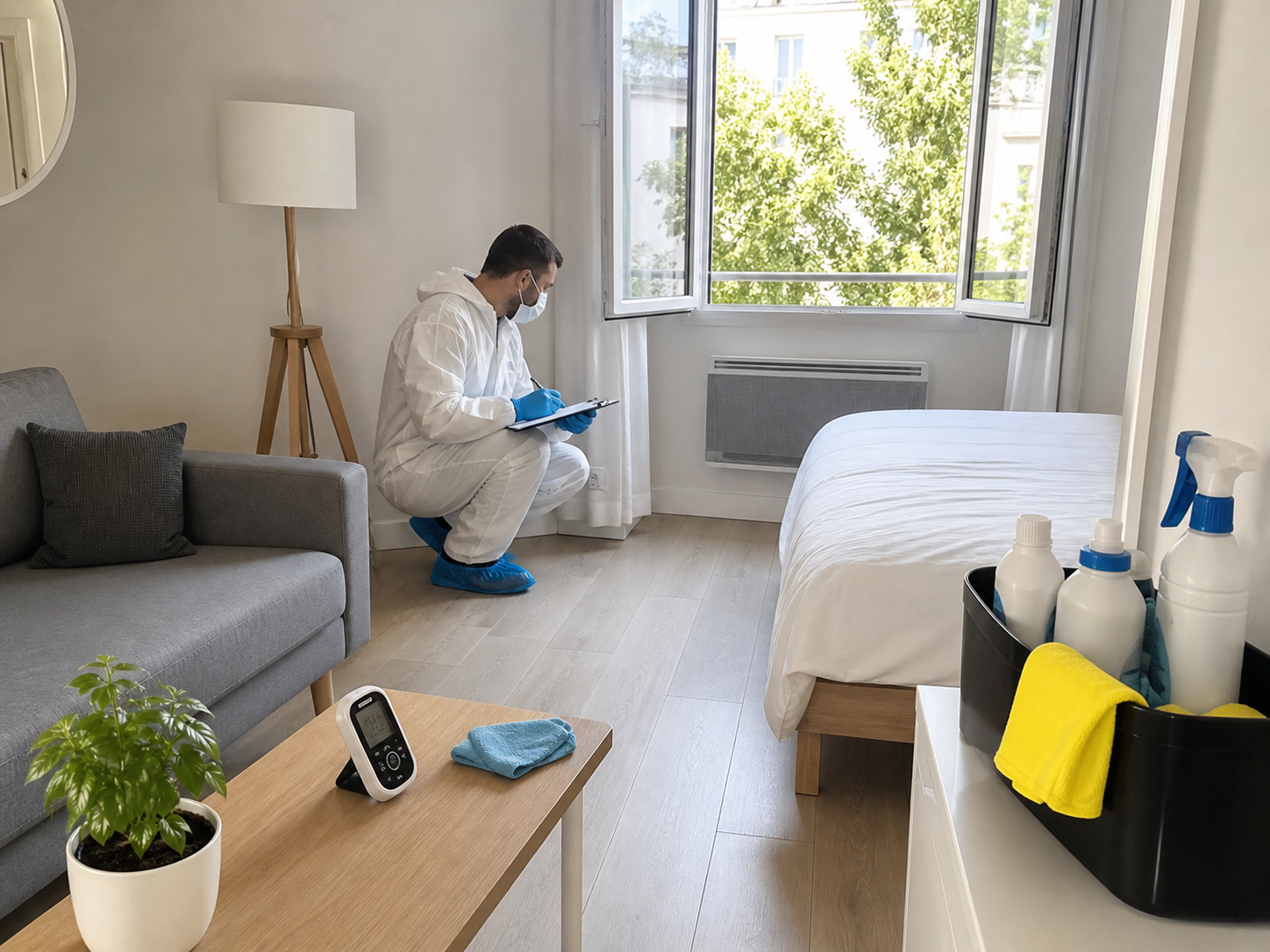 Technicien spécialisé inspectant un logement propre et aéré après un nettoyage après décès pour vérifier s’il est habitable