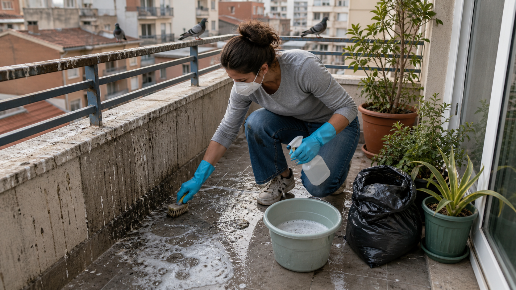 Nettoyage d’un balcon envahi de fientes de pigeon Personne nettoyant un balcon envahi de fientes de pigeon avec des gants, un masque, une brosse et un pulvérisateur