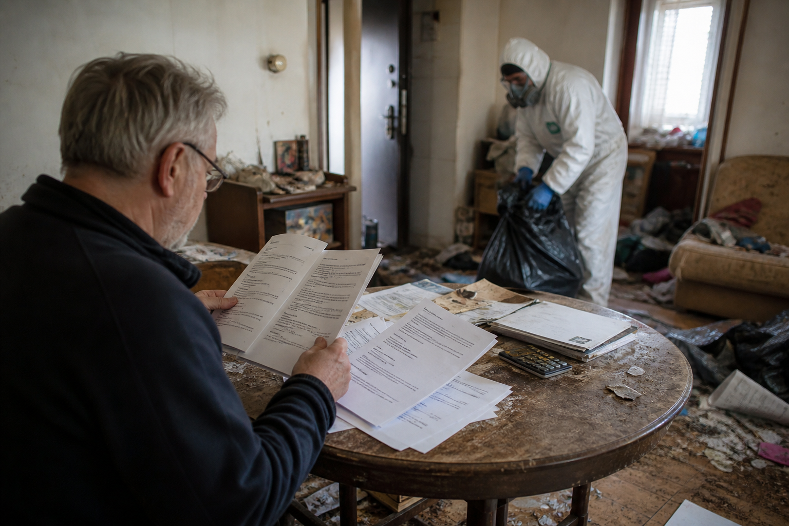 Comparer des devis pour un nettoyage de logement après syndrome de Korsakoff Homme comparant plusieurs devis de nettoyage dans un logement encombré après syndrome de Korsakoff avec un professionnel en intervention