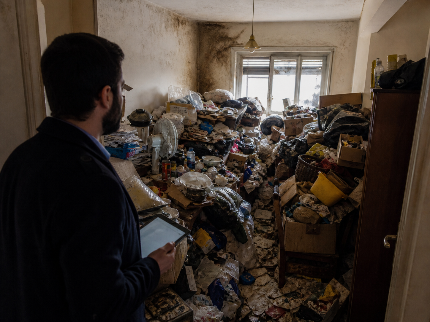 Syndrome de Diogène et dévalorisation d’un bien immobilier Appartement très encombré et insalubre lié au syndrome de Diogène, inspecté par un expert immobilier évaluant la perte de valeur du bien