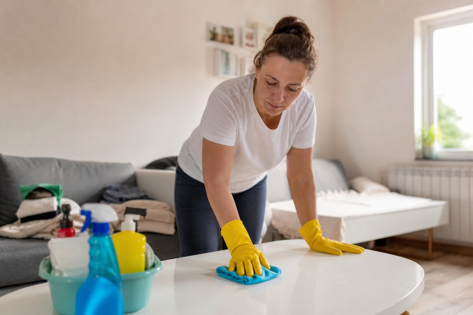 Femme nettoyant un logement pour retrouver un intérieur propre après un syndrome de Korsakoff