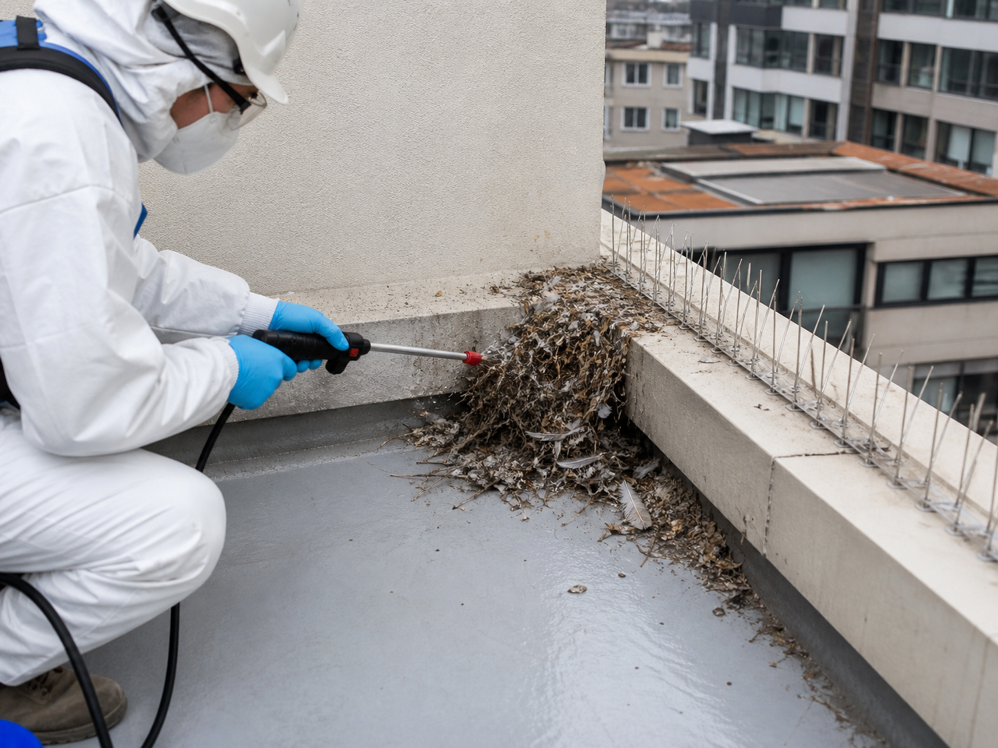 Traitement d’un nid de pigeon après nettoyage des fientes Technicien en combinaison de protection traitant un nid de pigeon après le nettoyage des fientes sur un balcon d’immeuble