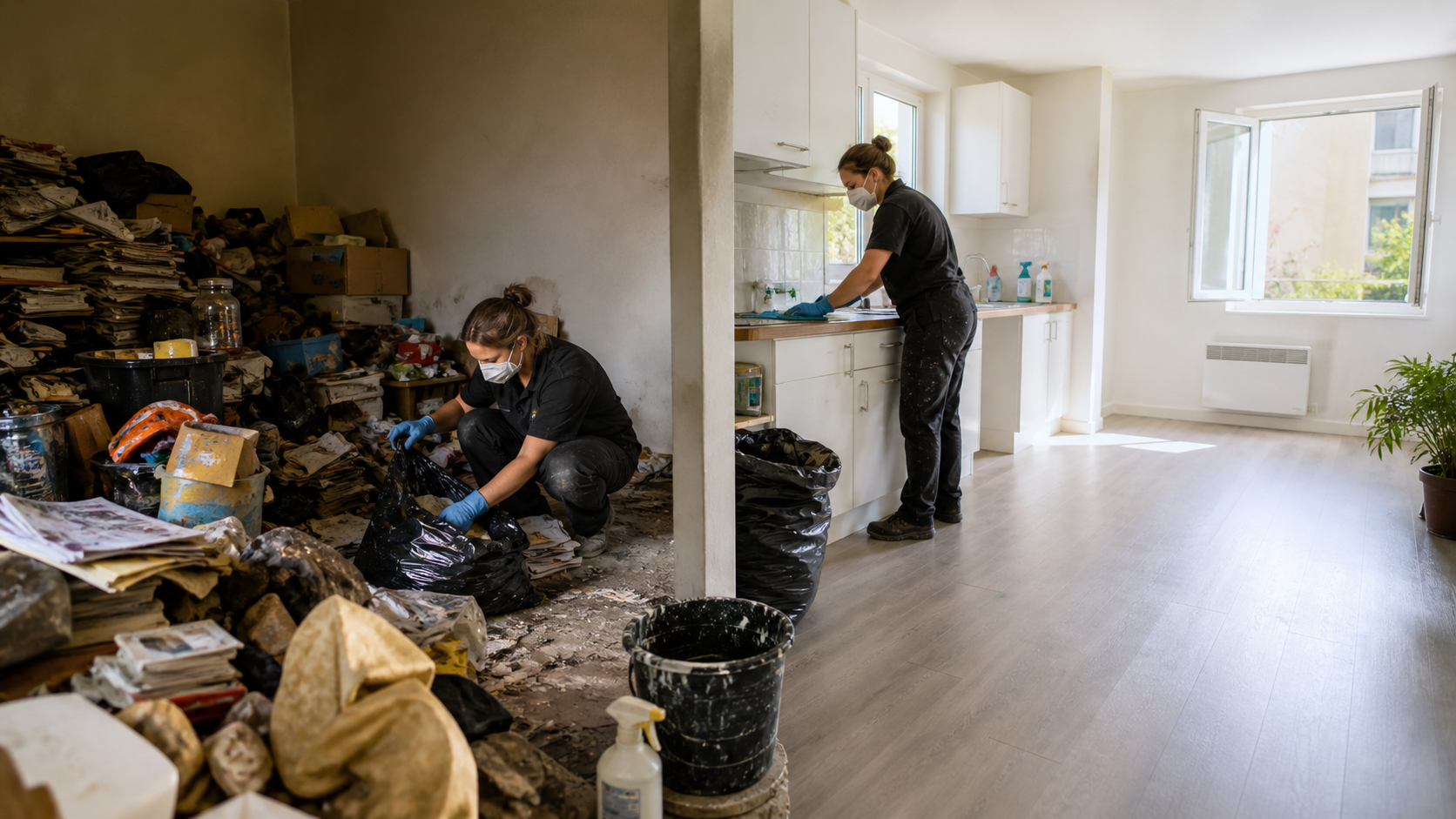 Professionnels nettoyant et désinfectant un appartement encombré après un syndrome de Diogène pour le remettre en location