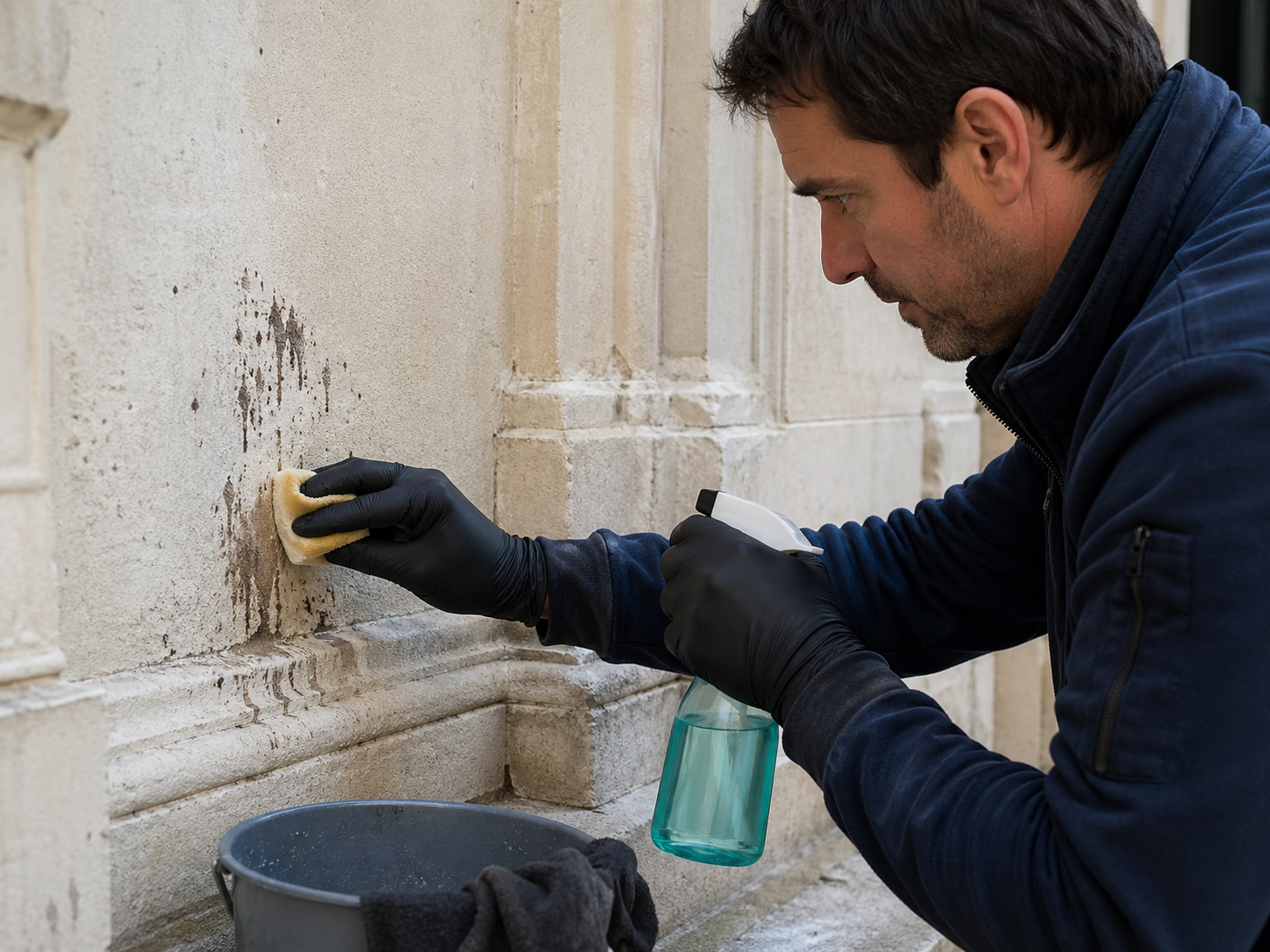 Comment enlever des fientes de pigeon sur une façade fragile Nettoyage doux de fientes de pigeon sur une façade fragile avec une éponge et un spray d’eau