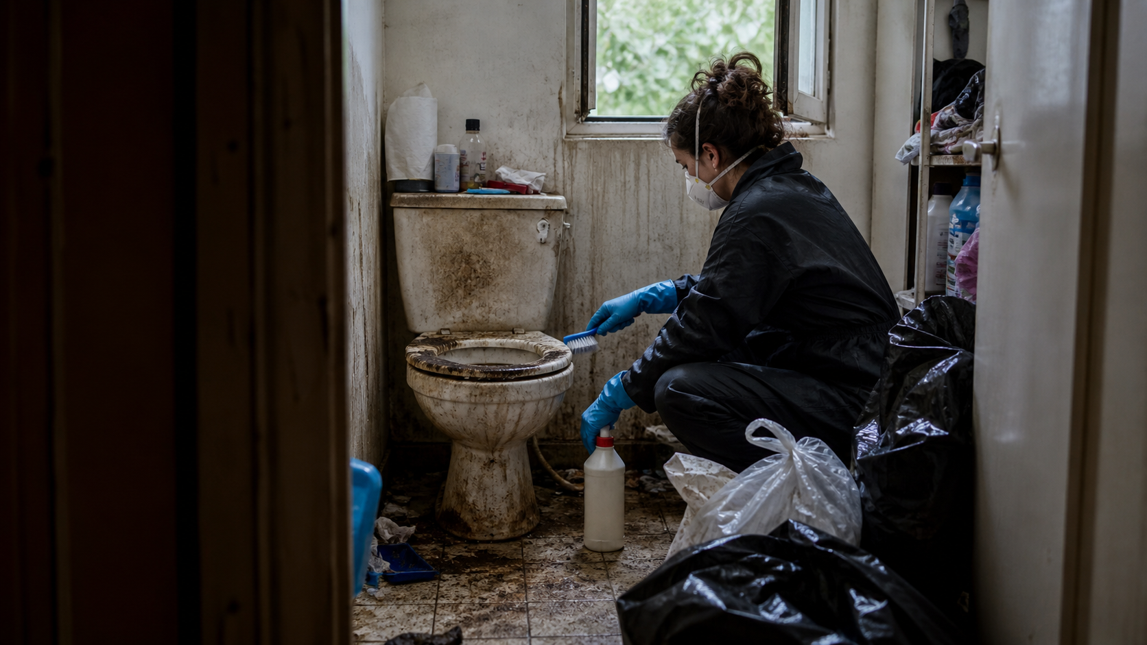 Nettoyage de toilettes très sales dans un logement avec syndrome de Diogène Nettoyage de toilettes très sales dans un logement touché par le syndrome de Diogène avec équipement de protection