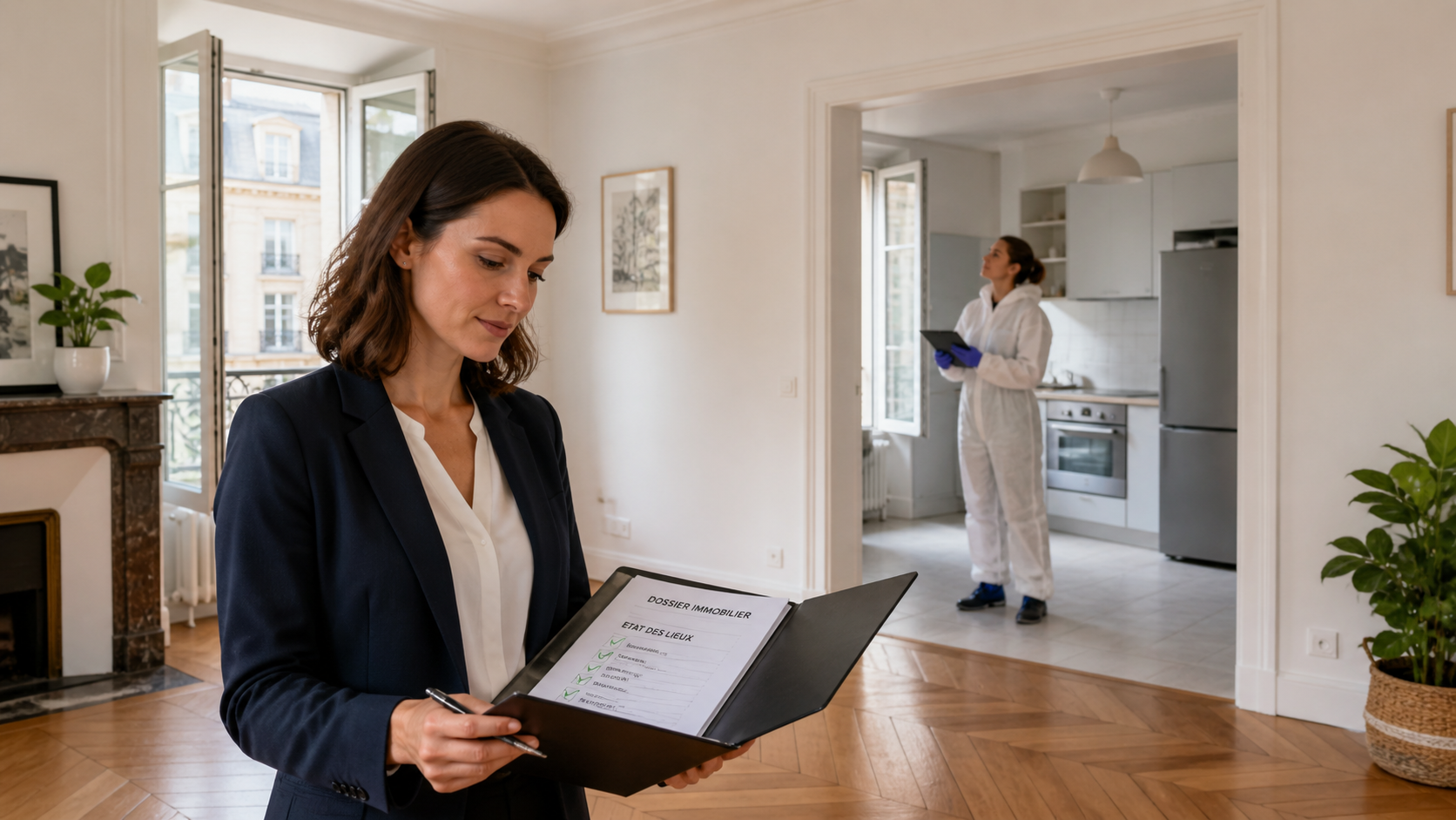 Préserver la valeur d’un bien immobilier après un nettoyage après décès Professionnelle de l’immobilier inspectant un appartement propre et rénové après un nettoyage après décès pour préserver la valeur du bien