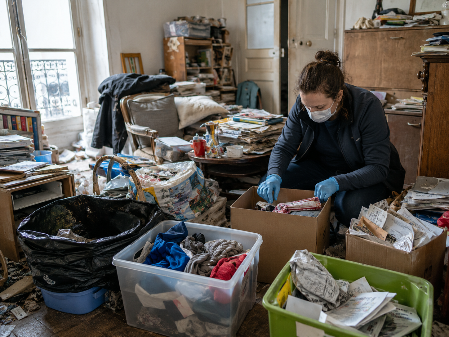 Tri des objets dans un logement encombré touché par le syndrome de Diogène avec une intervenante équipée de gants