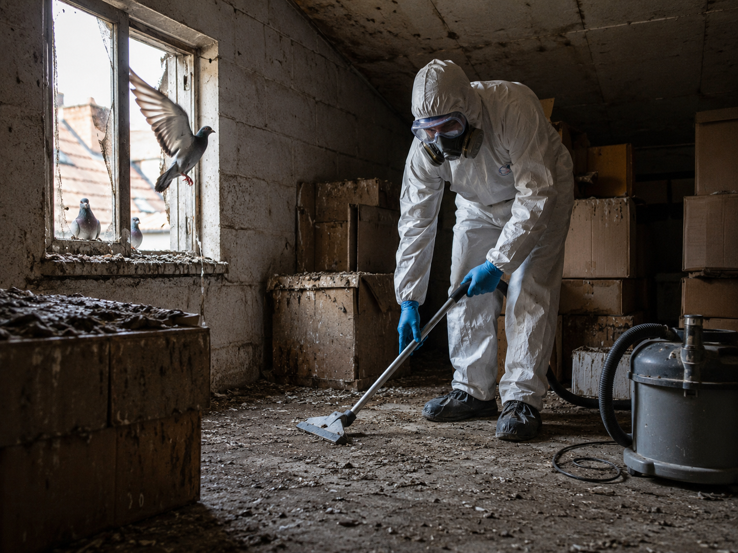 Traitement rapide des fientes de pigeon dans un local fermé Nettoyage professionnel de fientes de pigeon dans un local fermé contaminé