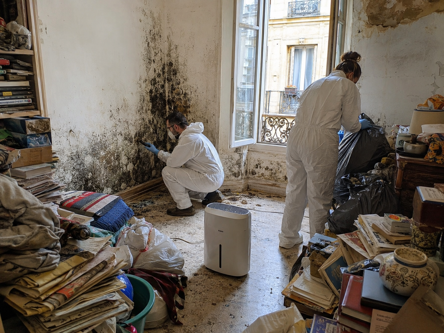 Traitement de l’humidité dans un logement touché par le syndrome de Diogène Professionnels en combinaison traitant l’humidité et les moisissures dans un logement encombré touché par le syndrome de Diogène