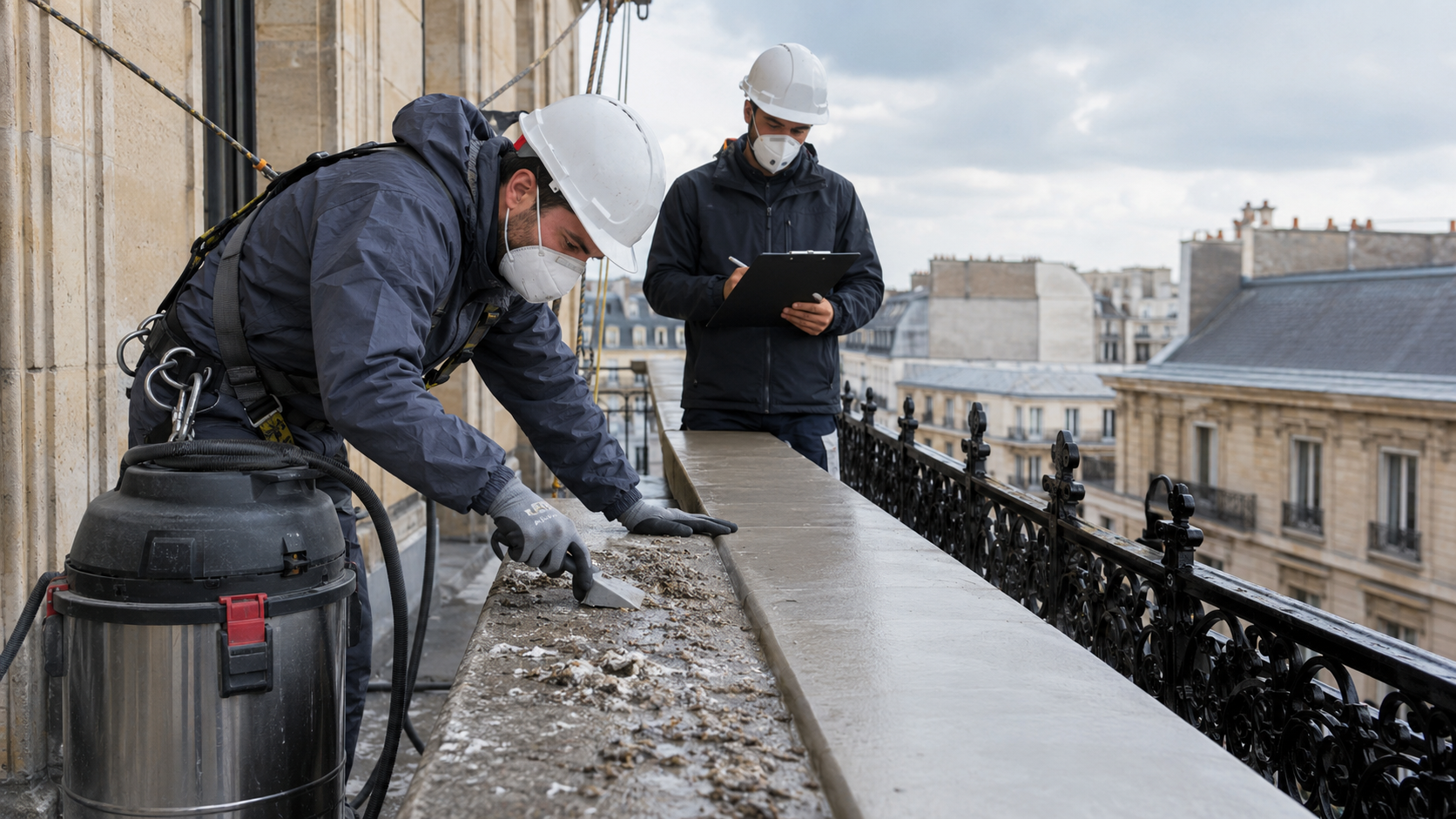 Nettoyage professionnel de fientes de pigeon par une entreprise spécialisée Entreprise spécialisée réalisant le nettoyage de fientes de pigeon sur un balcon en hauteur avec équipements de protection