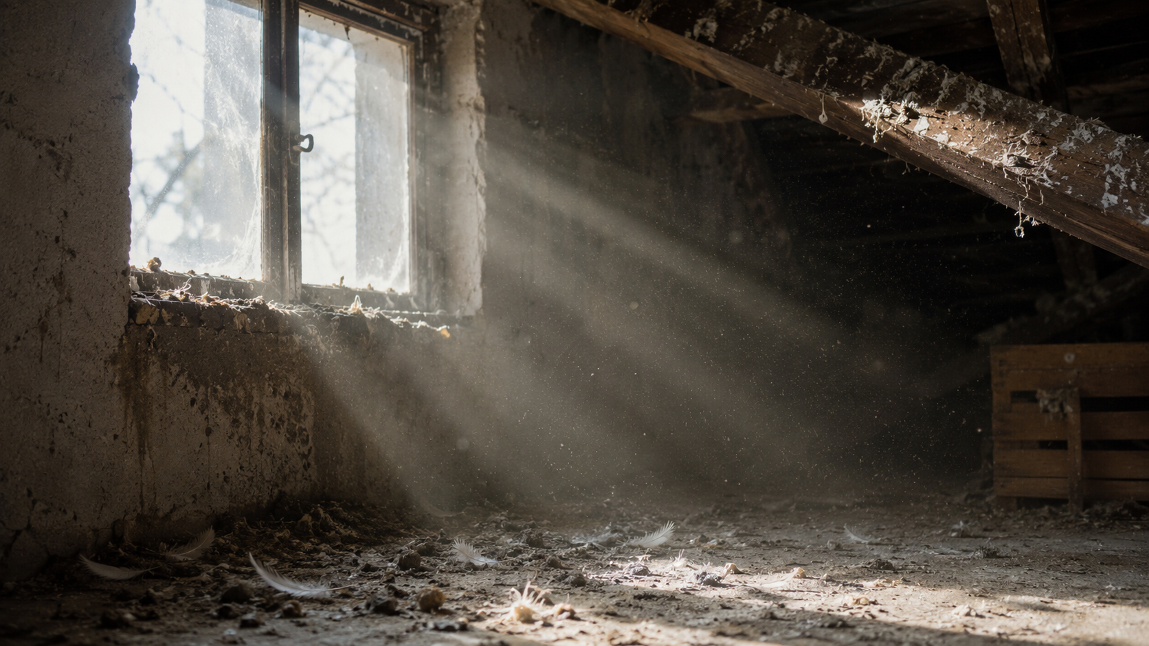 Contamination de l’air intérieur par des fientes de pigeon dans un local fermé Fientes de pigeon séchées dans un local fermé avec poussières en suspension contaminant l’air intérieur