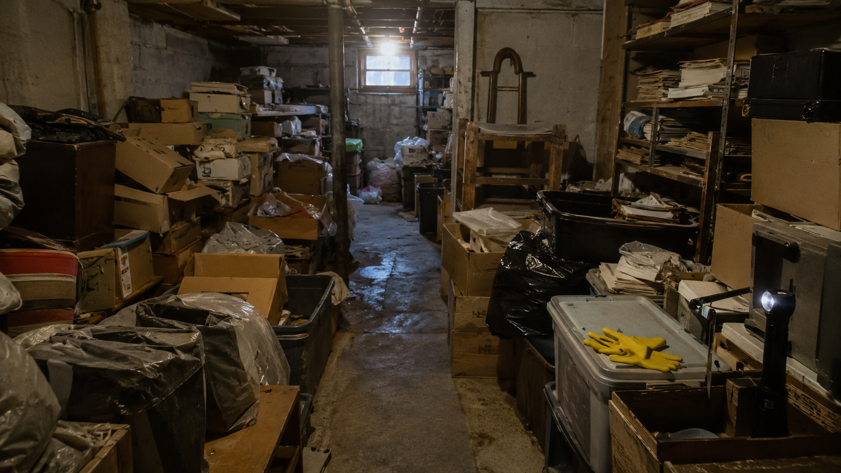 Cave encombrée dans un logement touché par le syndrome de Diogène Cave encombrée dans un logement touché par le syndrome de Diogène avec cartons, sacs, objets accumulés et matériel de nettoyage