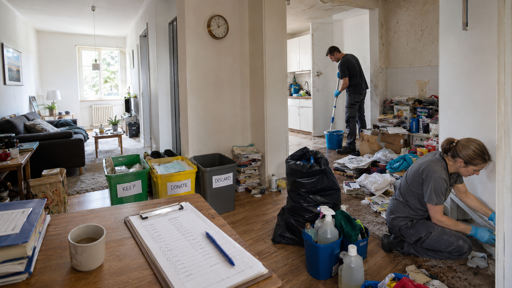 Remise en état d’un logement après syndrome de Korsakoff Professionnels réalisant la remise en état d’un logement après syndrome de Korsakoff avec tri, nettoyage et désinfection