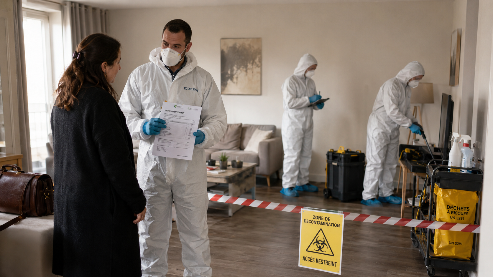 Nettoyage après décès : réduire les coûts sans négliger la sécurité Équipe spécialisée en nettoyage après décès présentant un devis à une cliente dans un logement sécurisé