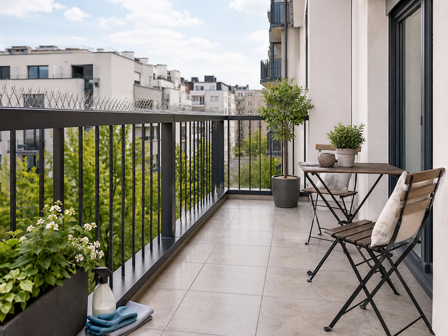 Protection durable d’un balcon après nettoyage de fientes de pigeon Balcon propre et protégé avec pics anti-pigeons après un nettoyage de fientes de pigeon