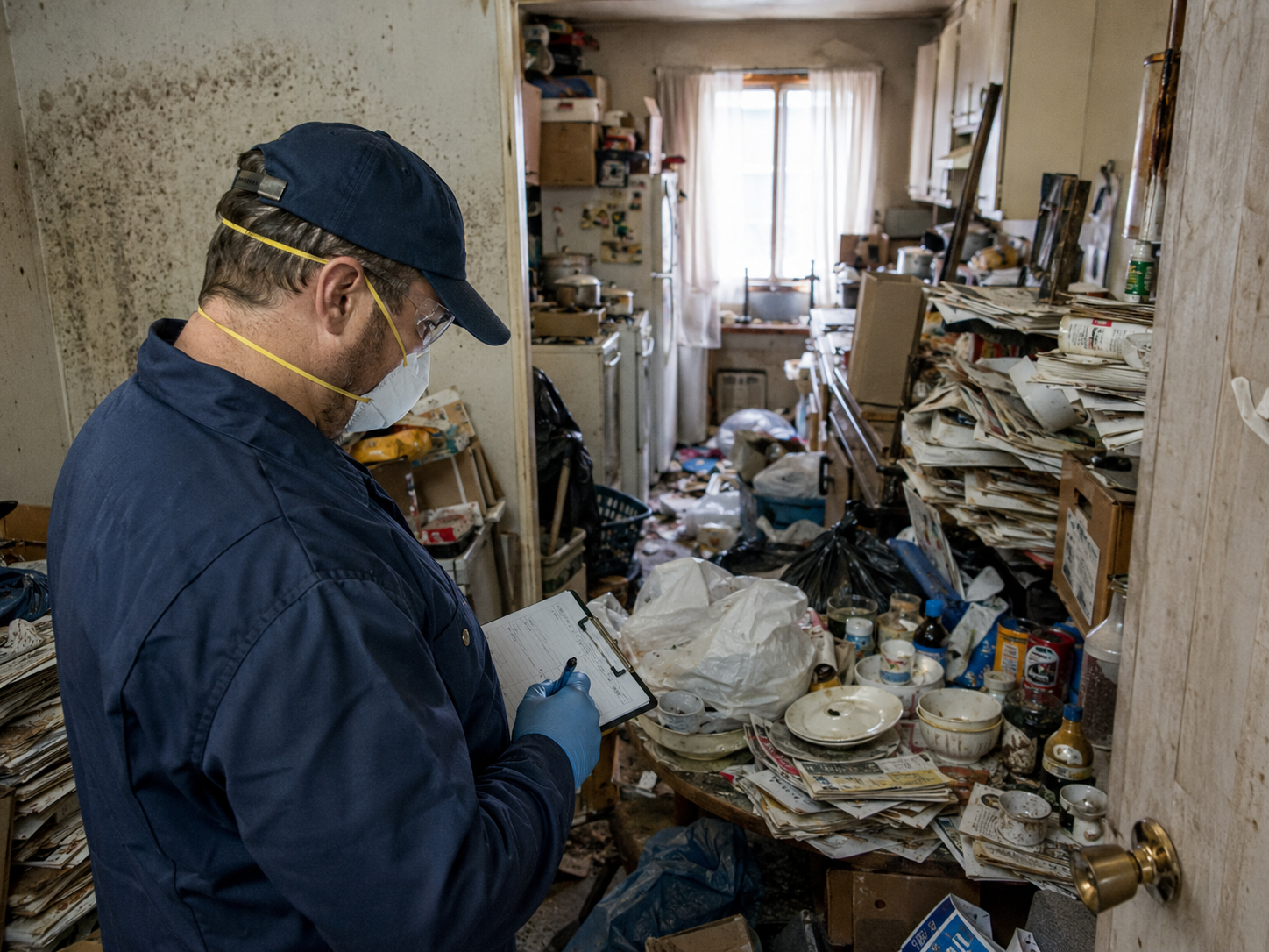 État des lieux sanitaire dans un logement avec syndrome de Diogène Technicien réalisant un état des lieux sanitaire dans un logement encombré touché par le syndrome de Diogène