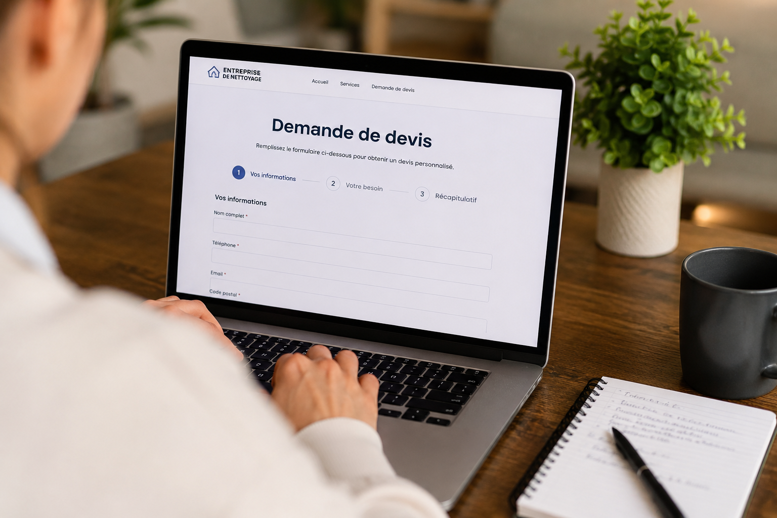 Demande de devis rapide pour nettoyage de logement après syndrome de Korsakoff Personne remplissant une demande de devis en ligne pour un nettoyage de logement après syndrome de Korsakoff